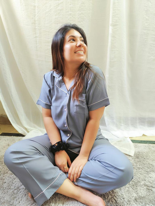Grey Blush (Half-sleeves) Cotton Night Suit with Pink Piping | SOLUHS Nightwear